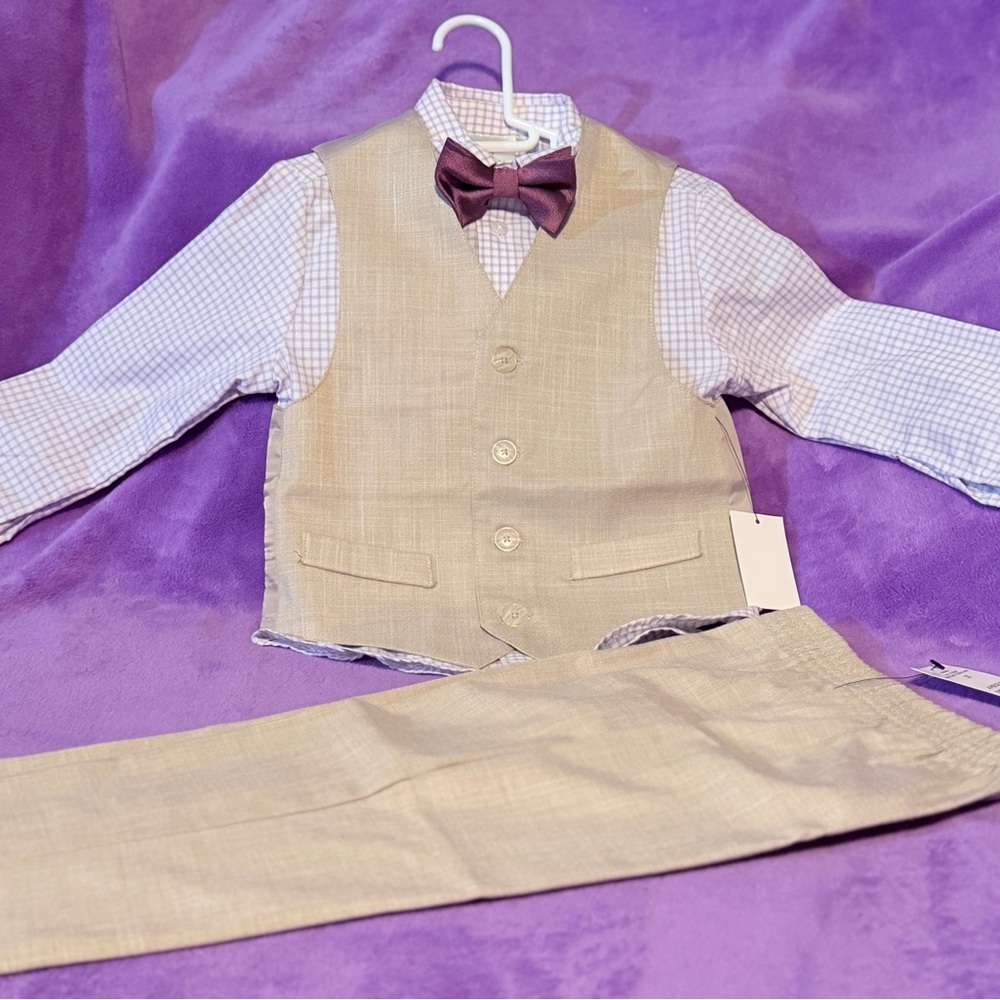 Calvin Klein Khaki Vest Set with Purple Bow Tie